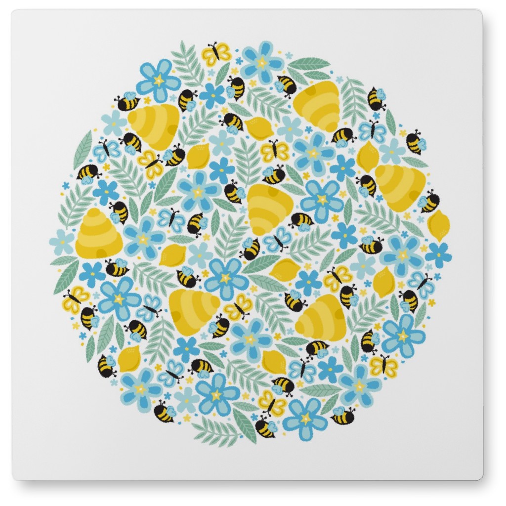 Busy Little Honeybees - Blue and Yellow Photo Tile, Metal, 8x8, Multicolor