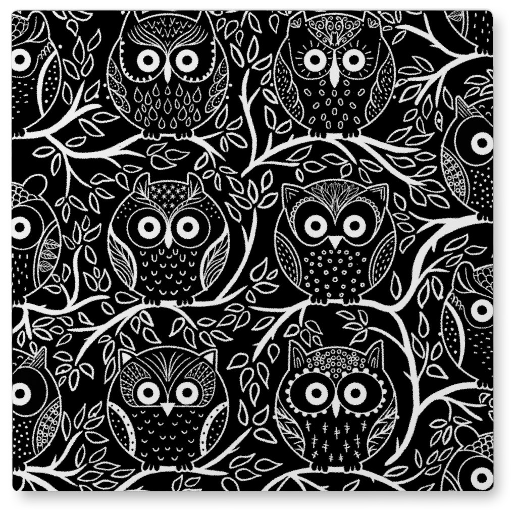 Line Art Owls - Black Photo Tile, Metal, 8x8, Black