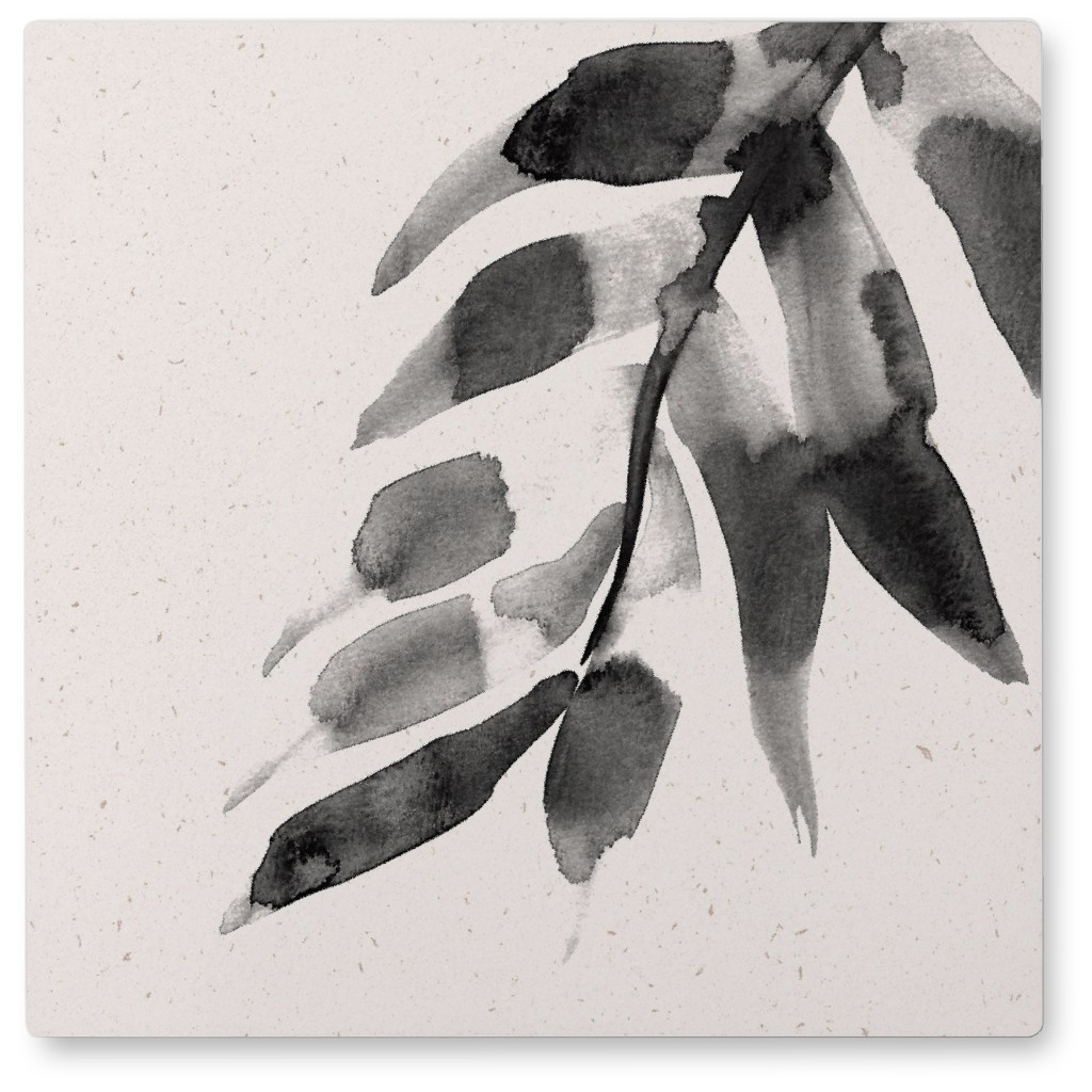 Watercolor Minimalist Leaf - Black Photo Tile, Metal, 8x8, Black