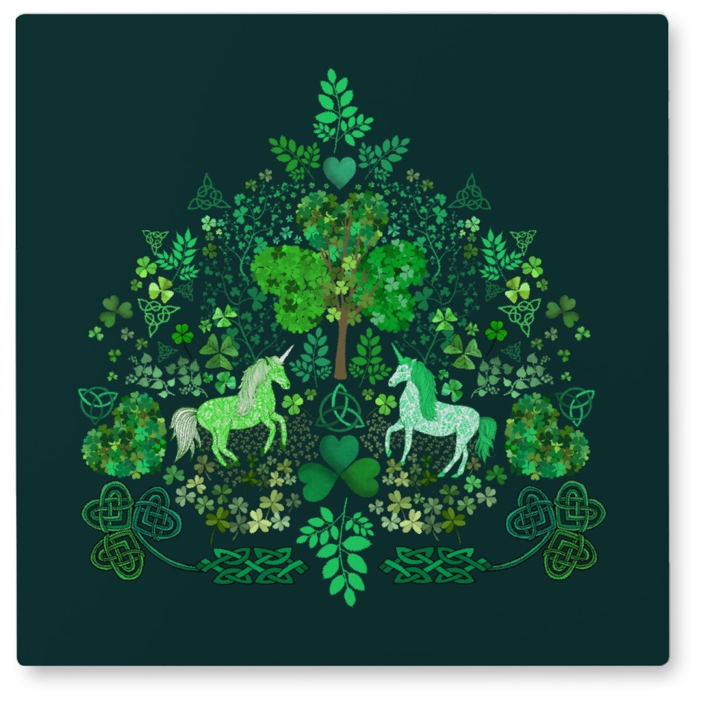 Irish Unicorns in the Celtic Woods - Green Photo Tile, Metal, 8x8, Green, Classic Green