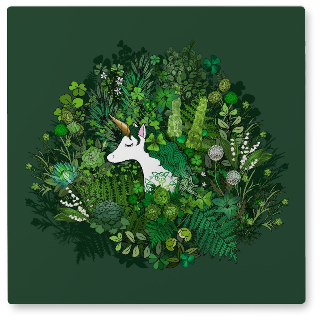 Irish Unicorn in a Garden - Green Photo Tile, Metal, 8x8, Green