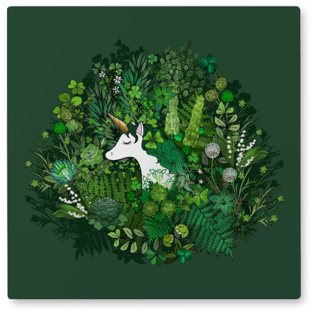 Irish Unicorn in a Garden - Green Photo Tile, Metal, 8x8, Green, Classic Green