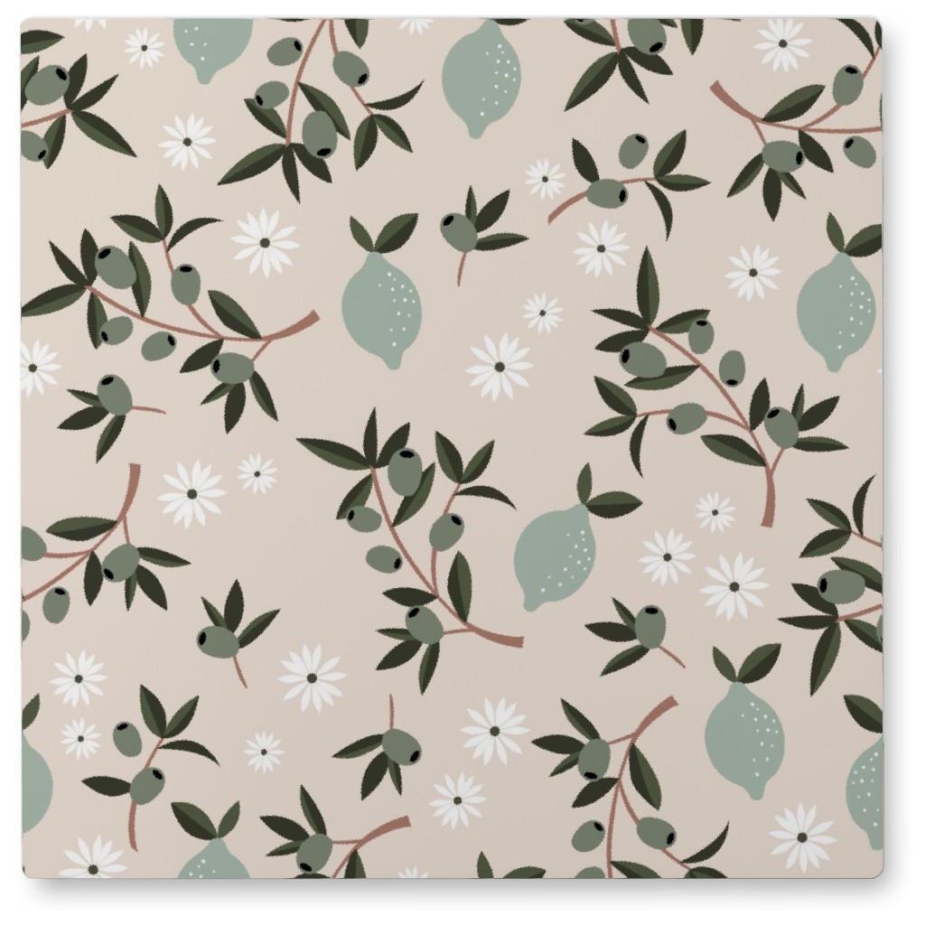 Italian Summer Olives and Citrus Garden Photo Tile, Metal, 8x8, Beige, Silver Lining