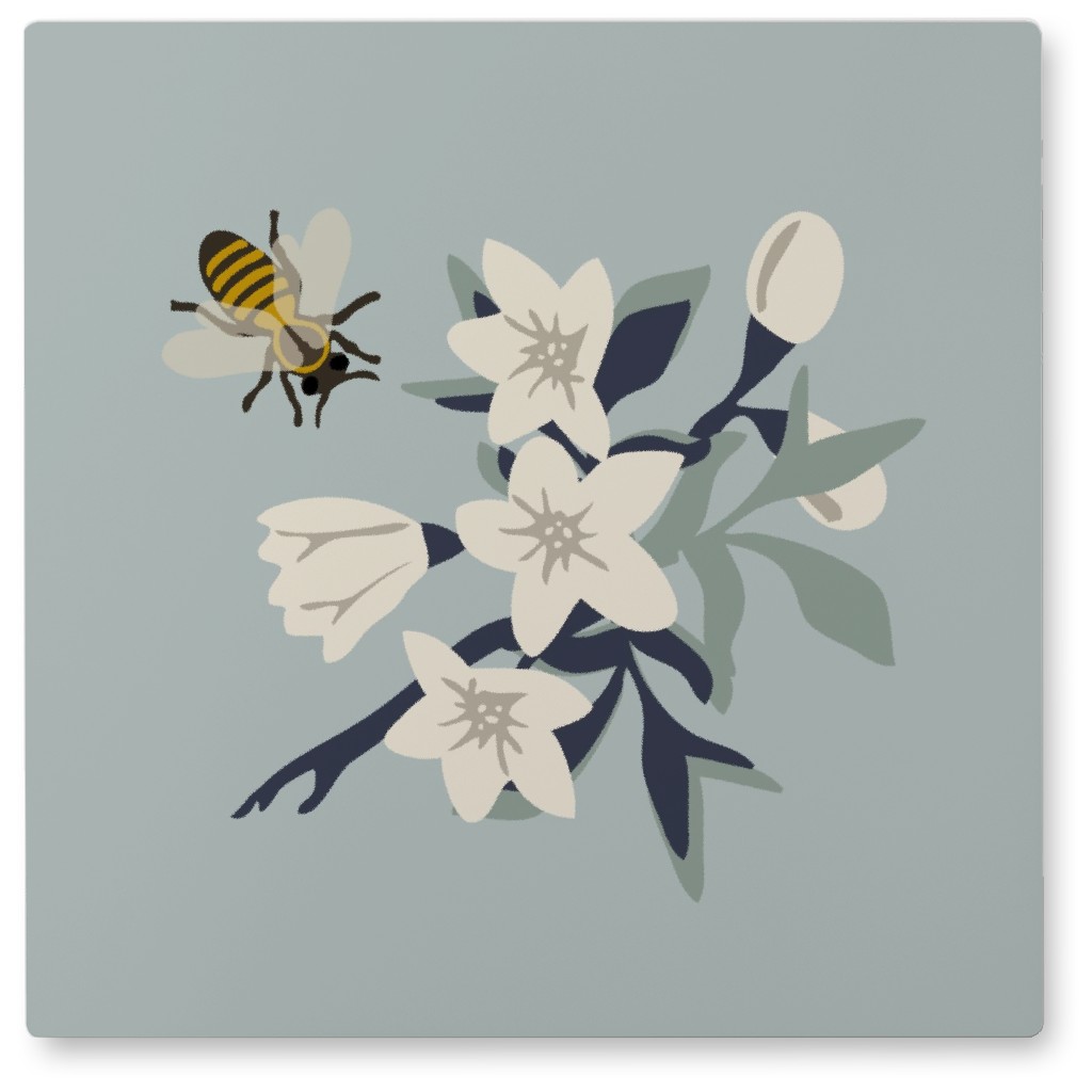 Bee and Flowers - Blue Photo Tile, Metal, 8x8, Blue, True Blue