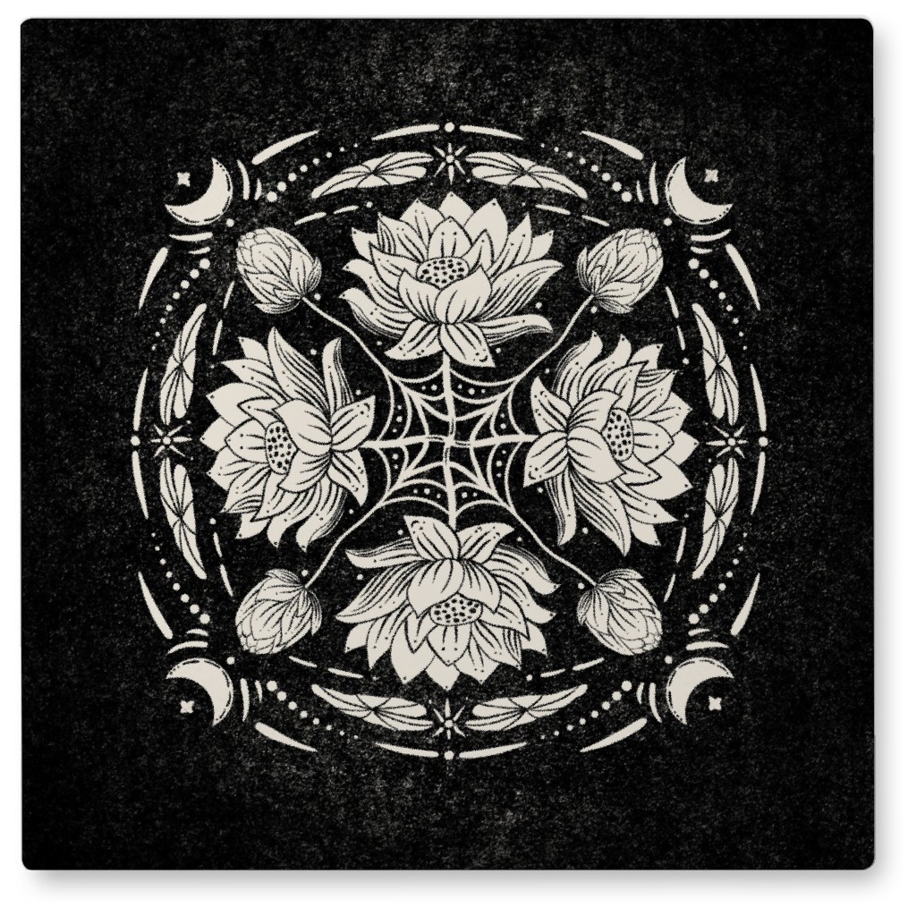 Lotus Flower Mandala - Black and Cream Photo Tile, Metal, 8x8, Black