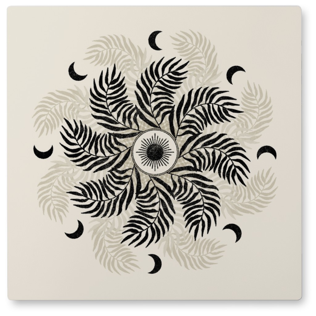 Palm Mandala - Cream and Black Photo Tile, Metal, 8x8, Beige, Pearl