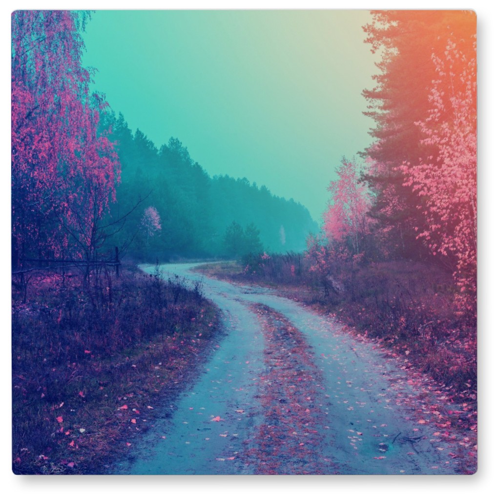 Hazy Fall Road Photo Tile, Metal, 8x8, Green