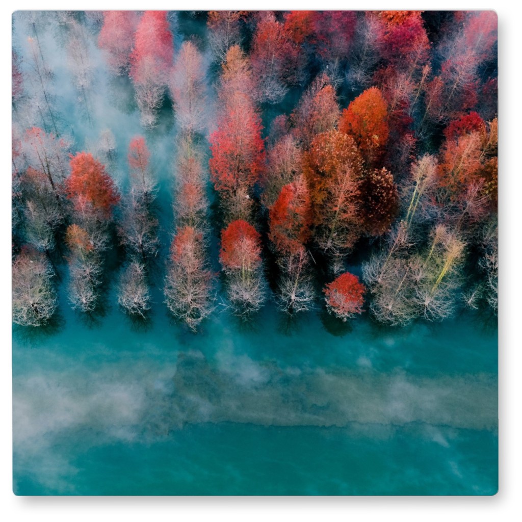 Autumn Tree Line Photo Tile, Metal, 8x8, Green