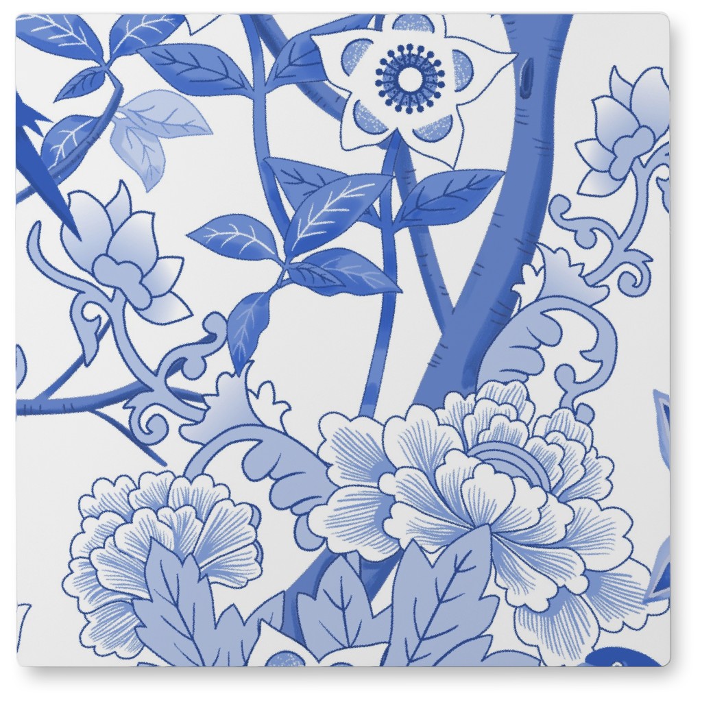 Parrots and Peonies Chinoiserie - Blue Photo Tile, Metal, 8x8, Blue, True Blue