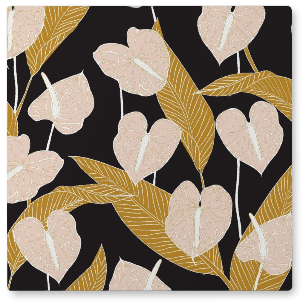 Art Nouveau Anthuriums - Black Mustard and Pale Peach Photo Tile, Metal, 8x8, Multicolor