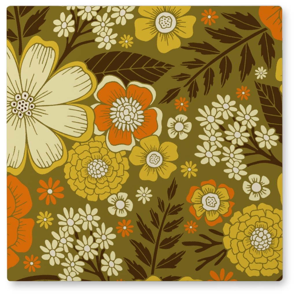 1970s Retro/Vintage Floral - Yellow and Brown Photo Tile, Metal, 8x8, Yellow
