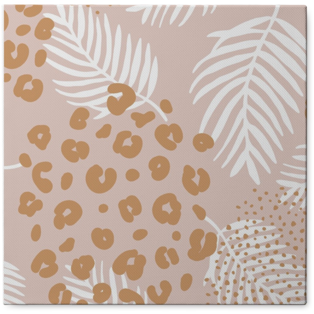 Palm Leaves and Animal Panther Spots - Beige Photo Tile, Canvas, 8x8, Pink