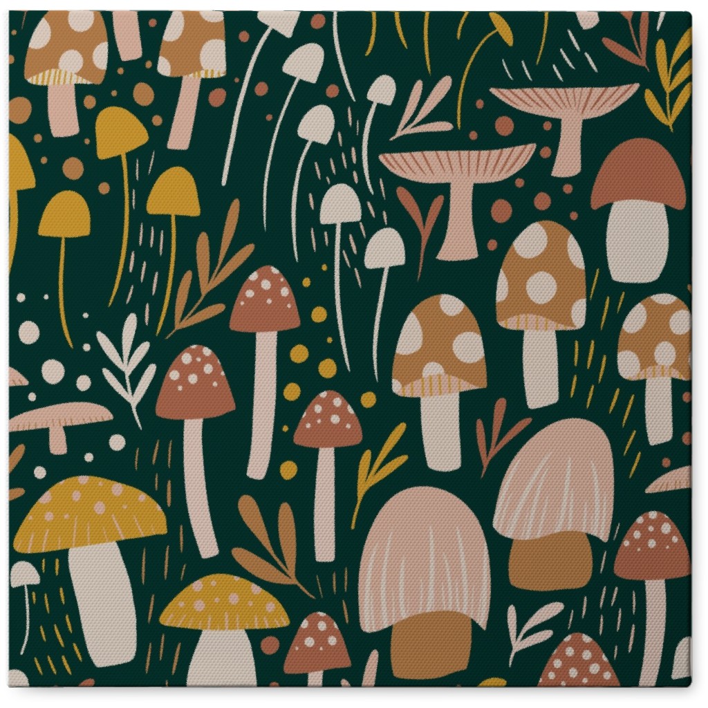 Woodland Mushroom Meadow - Green Photo Tile, Canvas, 8x8, Green