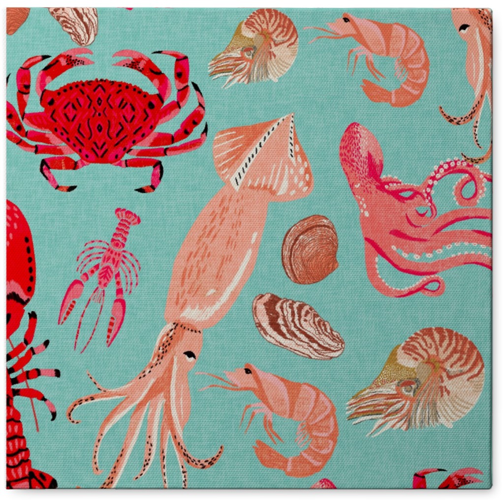 Ocean Creatures - Red on Green Photo Tile, Canvas, 8x8, Red