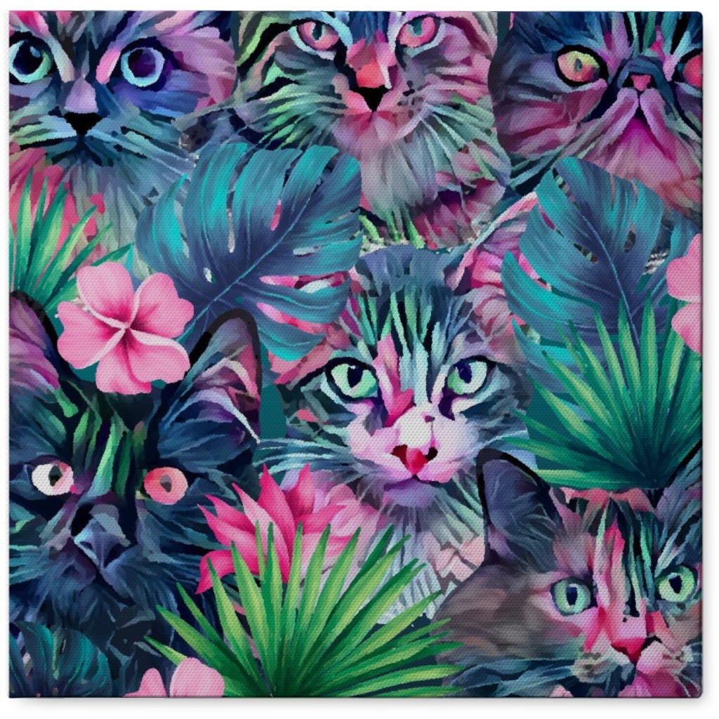 Summer Floral Cats - Multi Photo Tile, Canvas, 8x8, Multicolor