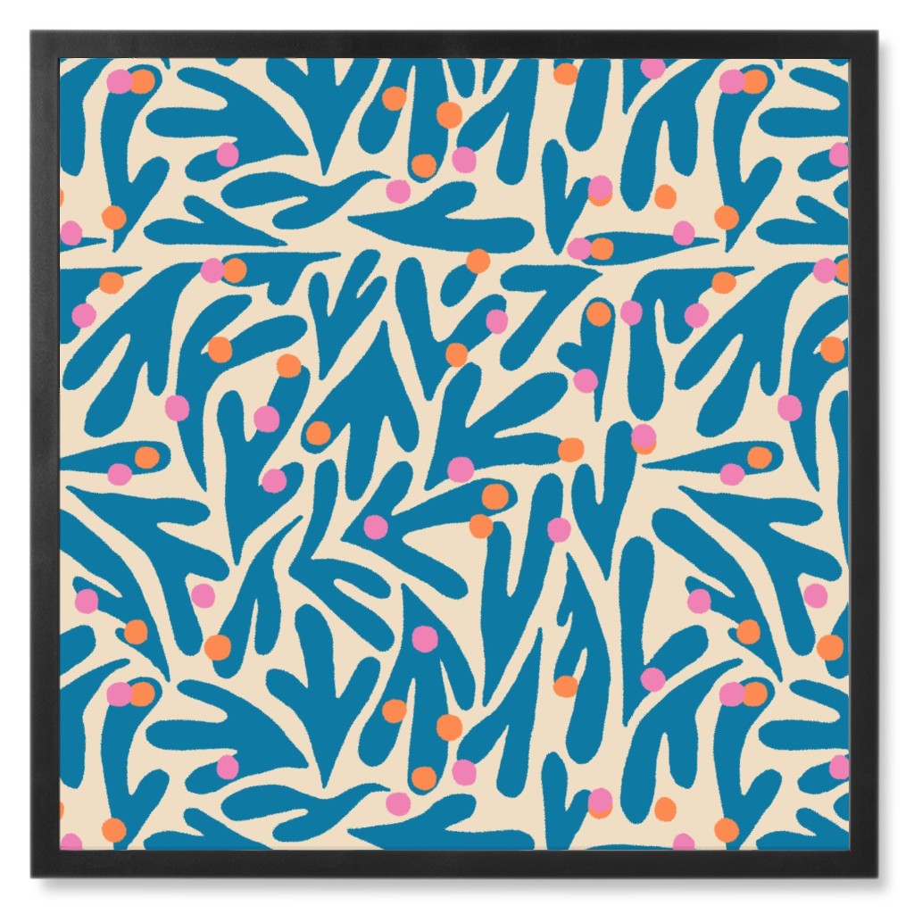 Funky Flora - Blue and White Photo Tile, Black, Framed, 8x8, Blue, True Blue