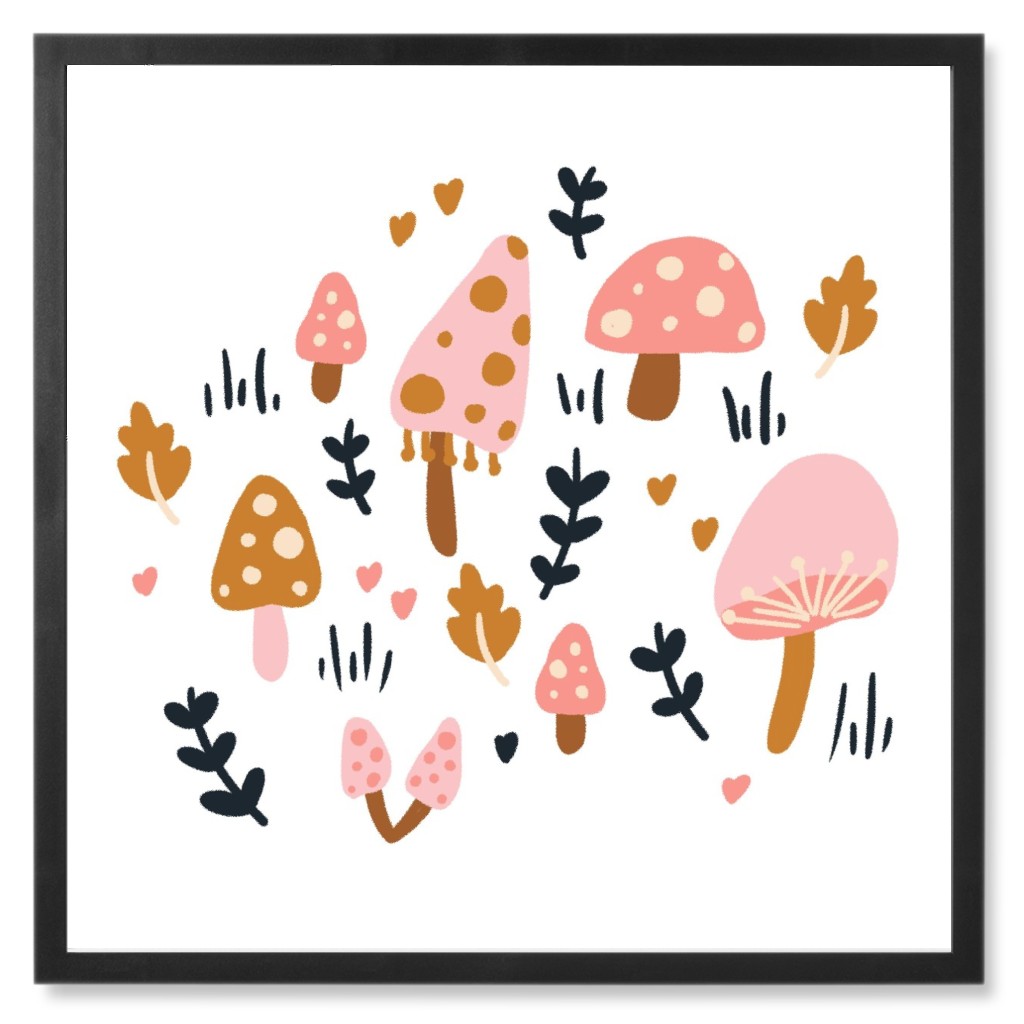 Mushrooms - Pink Photo Tile, Black, Framed, 8x8, Pink