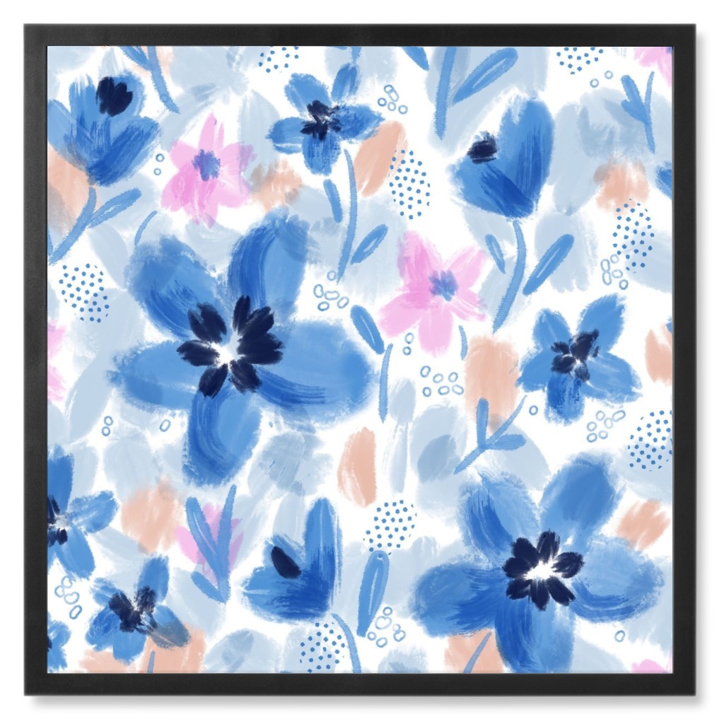 Painterly Floral - Blue Photo Tile, Black, Framed, 8x8, Blue, True Blue
