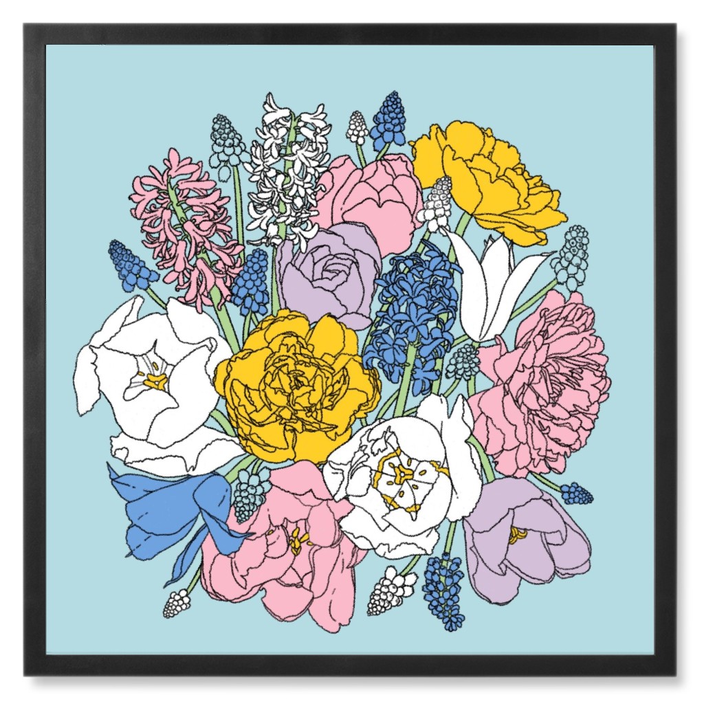 Tulips and Hyacinth Flowers - Multi on Blue Photo Tile, Black, Framed, 8x8, Blue, True Blue
