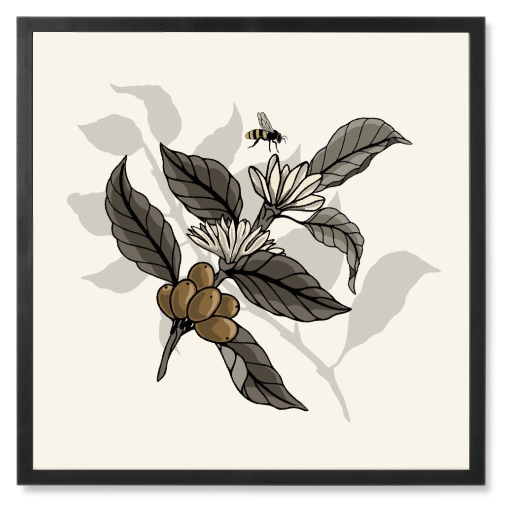 Coffee Plant With Bee - Neutral Photo Tile, Black, Framed, 8x8, Beige