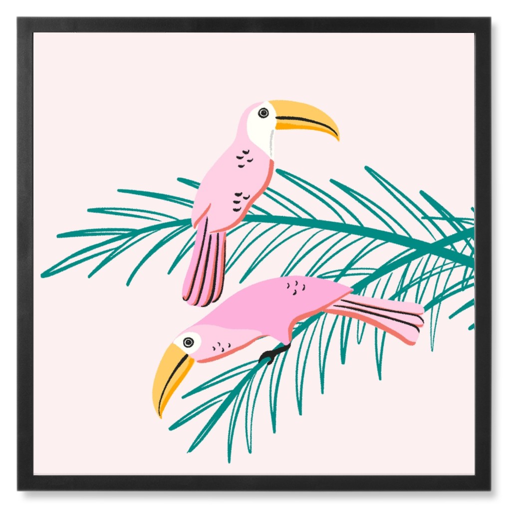 Toucan Birds on Palm Leaves - Pink Photo Tile, Black, Framed, 8x8, Pink