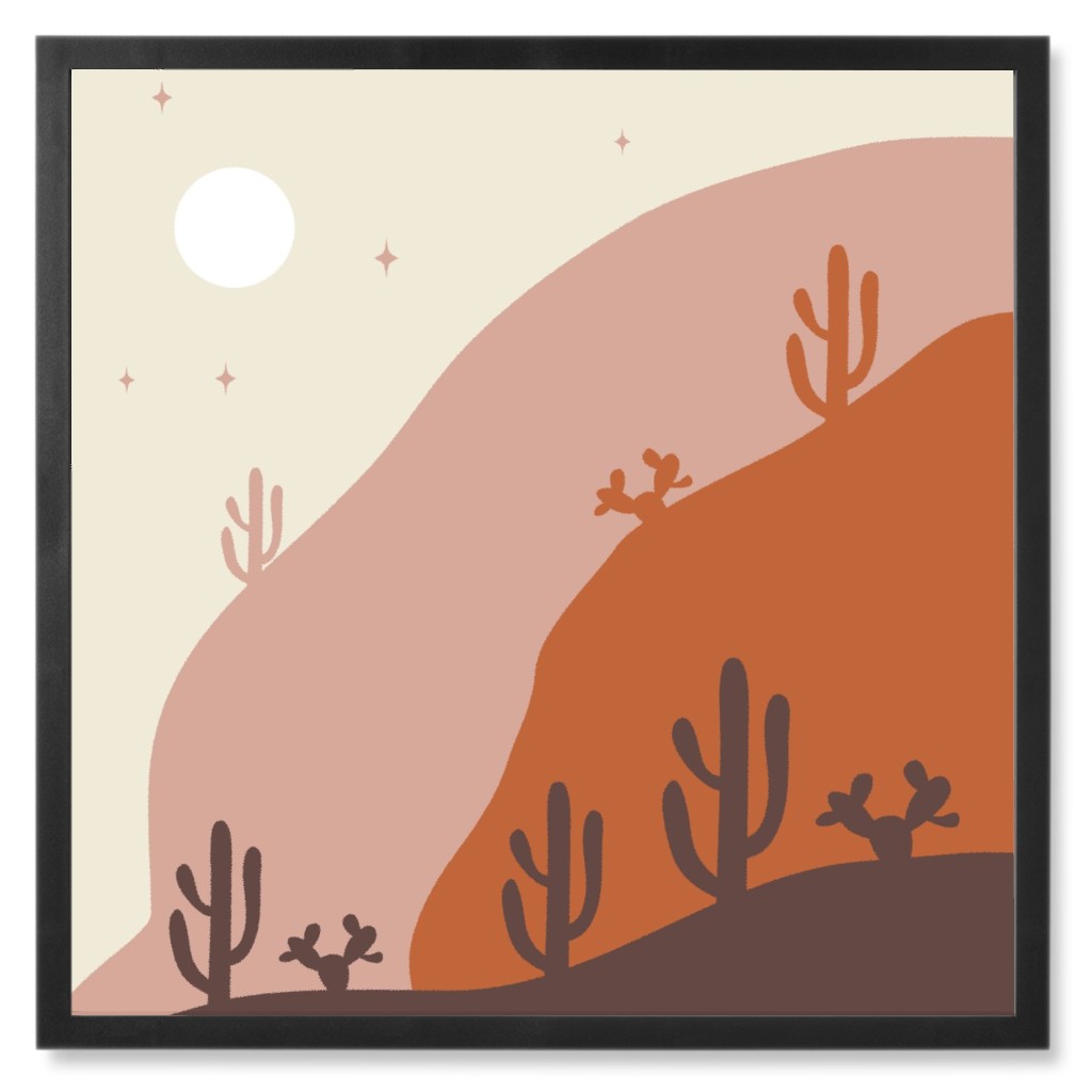 Mountains Cactus and Moon Phases - Earth Tones Photo Tile, Black, Framed, 8x8, Orange, Orange