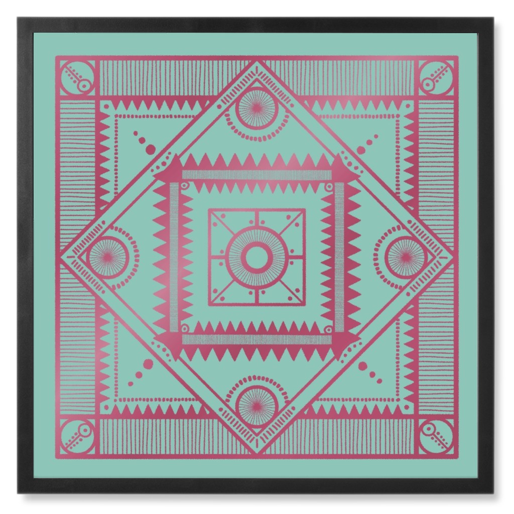 Tribal Geometric Tile Photo Tile, Black, Framed, 8x8, Green