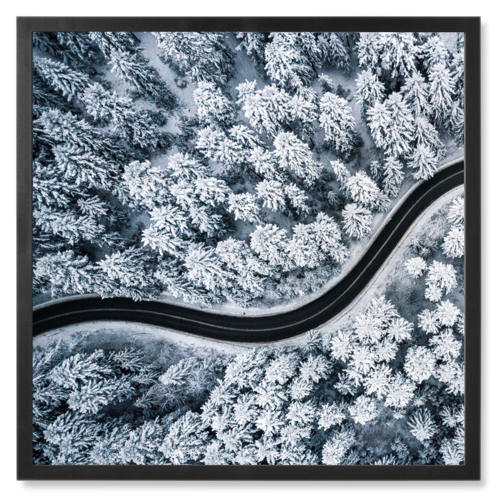 Winding Snow Road Photo Tile, Black, Framed, 8x8, Gray