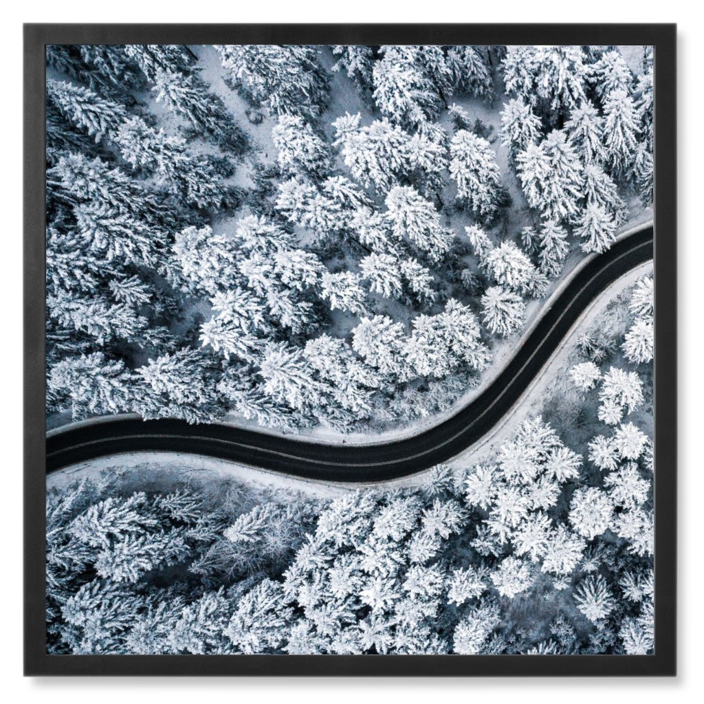 Winding Snow Road Photo Tile, Black, Framed, 8x8, Gray, Gray