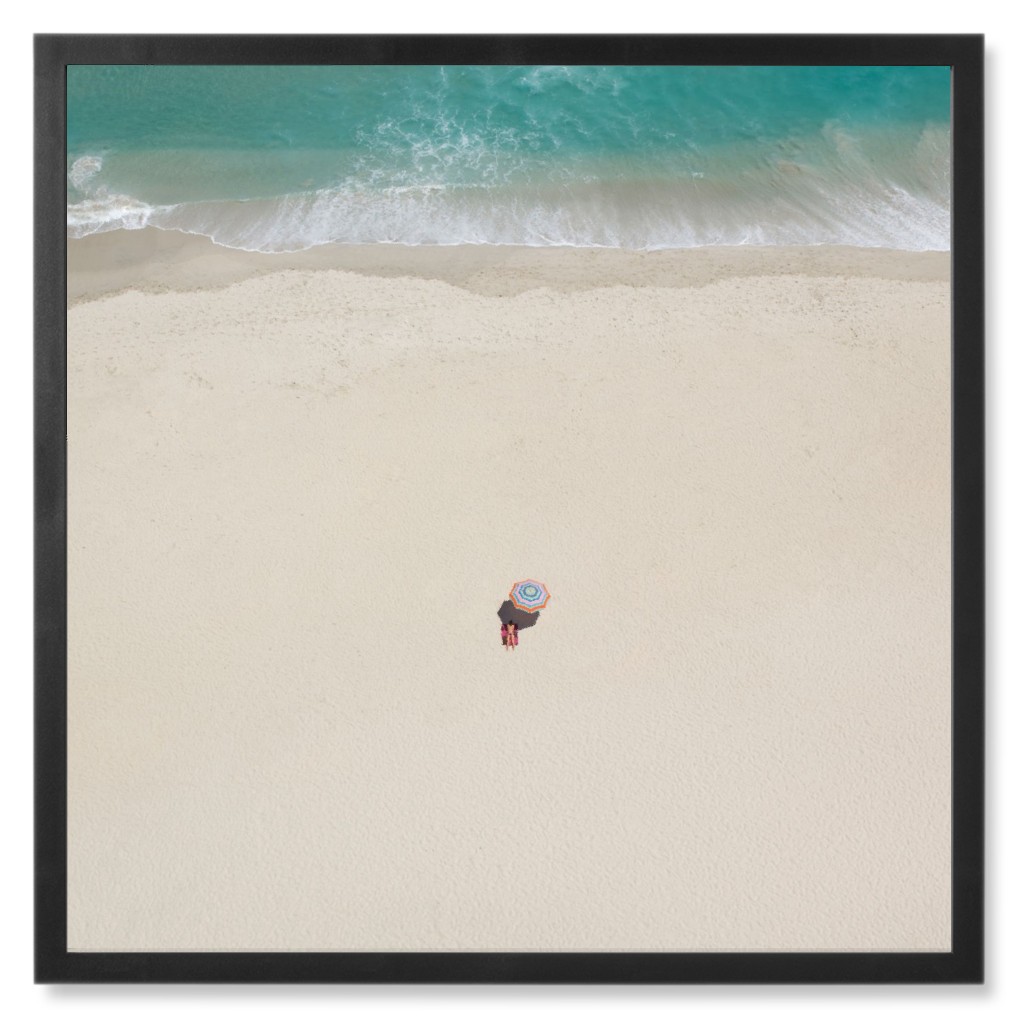 Beach Umbrella Meets the Sea Photo Tile, Black, Framed, 8x8, Beige
