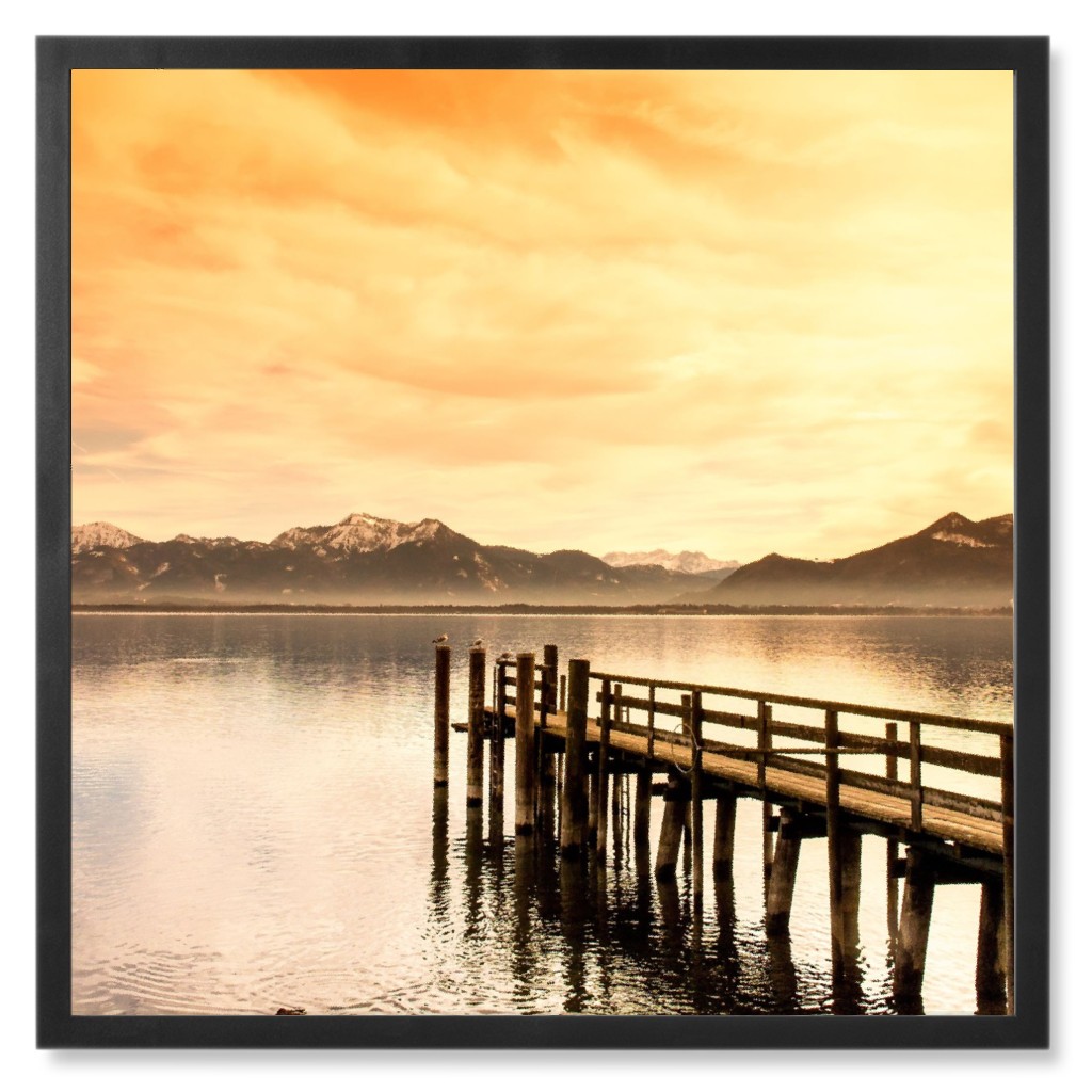 a Dock With a Sunset View Photo Tile, Black, Framed, 8x8, Orange, Orange