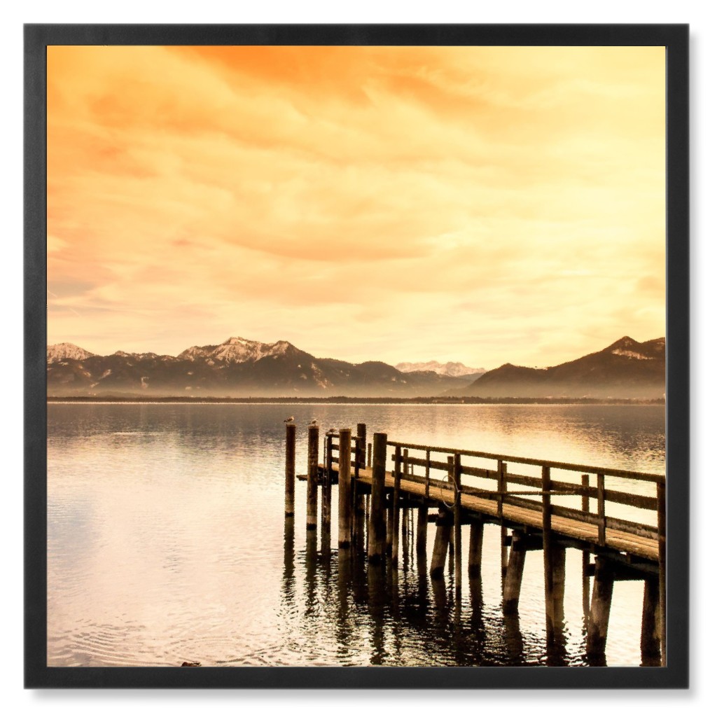 a Dock With a Sunset View Photo Tile, Black, Framed, 8x8, Orange