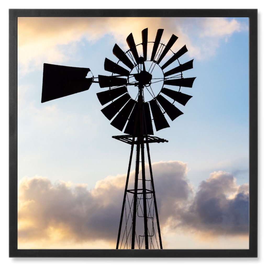 Windmill in a Field Photo Tile, Black, Framed, 8x8, Blue, True Blue