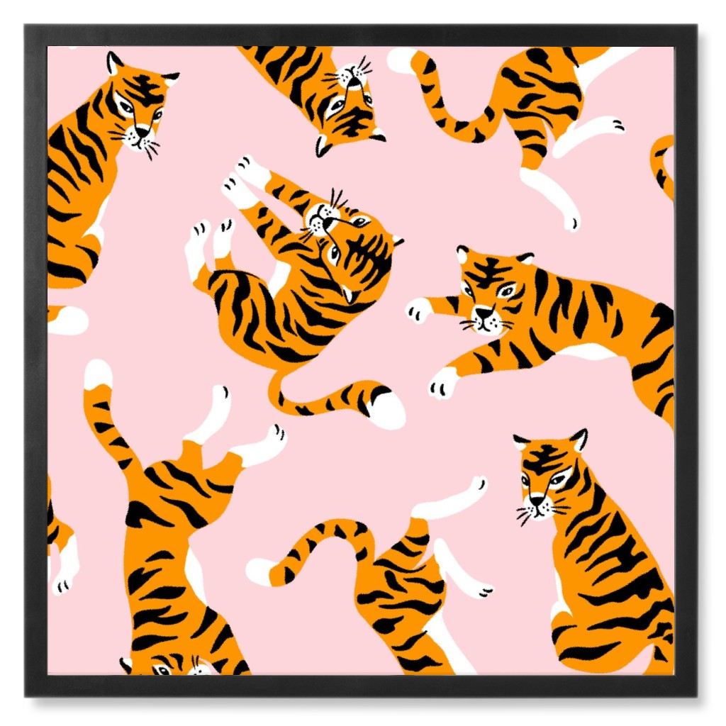 Tigers - Pink Photo Tile, Black, Framed, 8x8, Pink