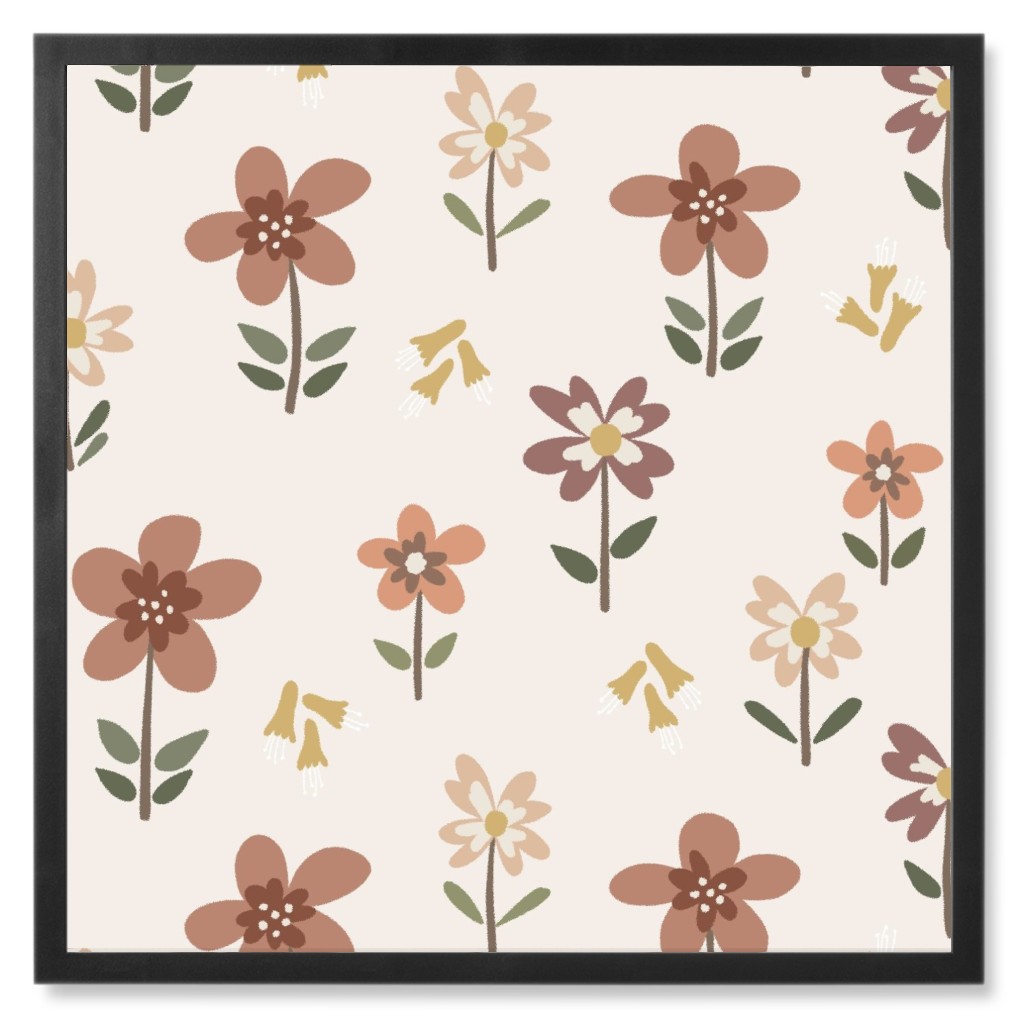 Cute Daisies & Foxgloves Floral - Earth Tones Photo Tile, Black, Framed, 8x8, Pink, Bright Pink