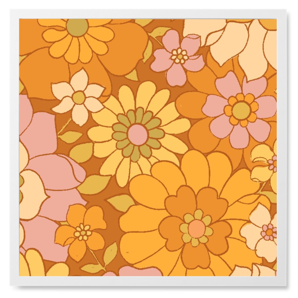 Avery Retro Floral Photo Tile, White, Framed, 8x8, Orange, Tawny