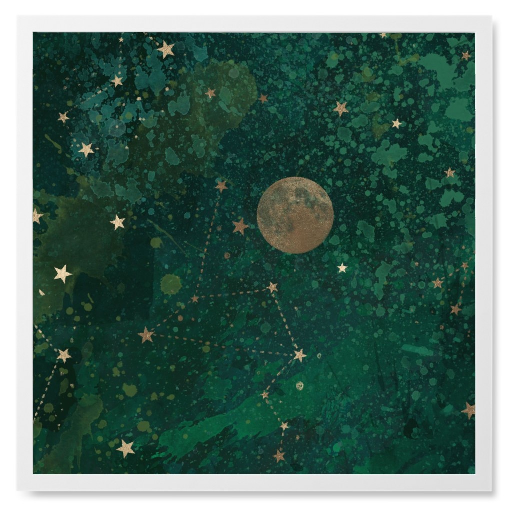 Moon and Stars - Green Photo Tile, White, Framed, 8x8, Green, Classic Green