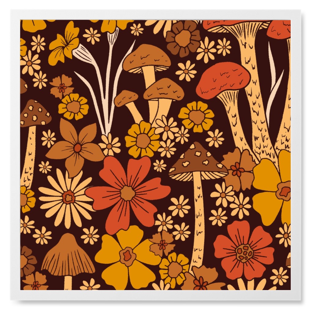 Retro 1970s Mushroom & Flowers - Brown and Orange Photo Tile, White, Framed, 8x8, Orange