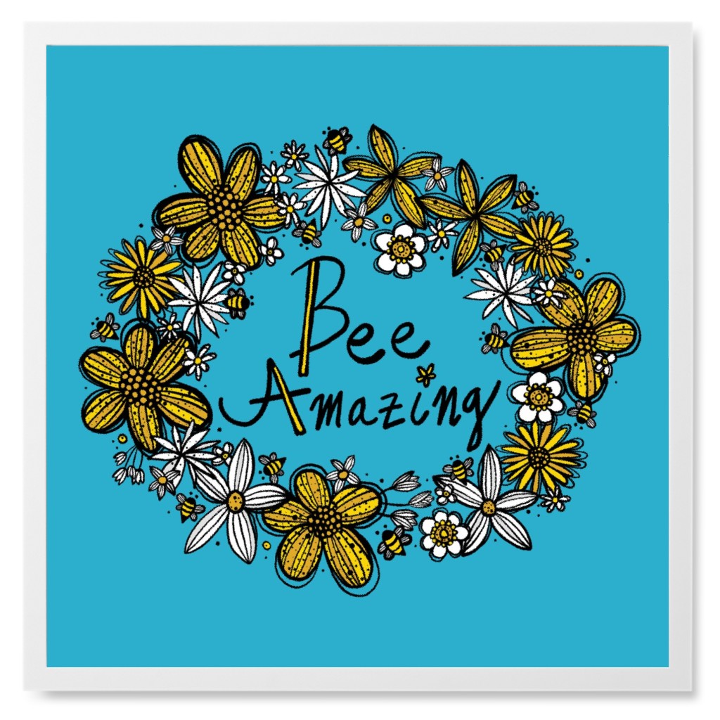 Bee Amazing - Yellow and Blue Photo Tile, White, Framed, 8x8, Blue, True Blue