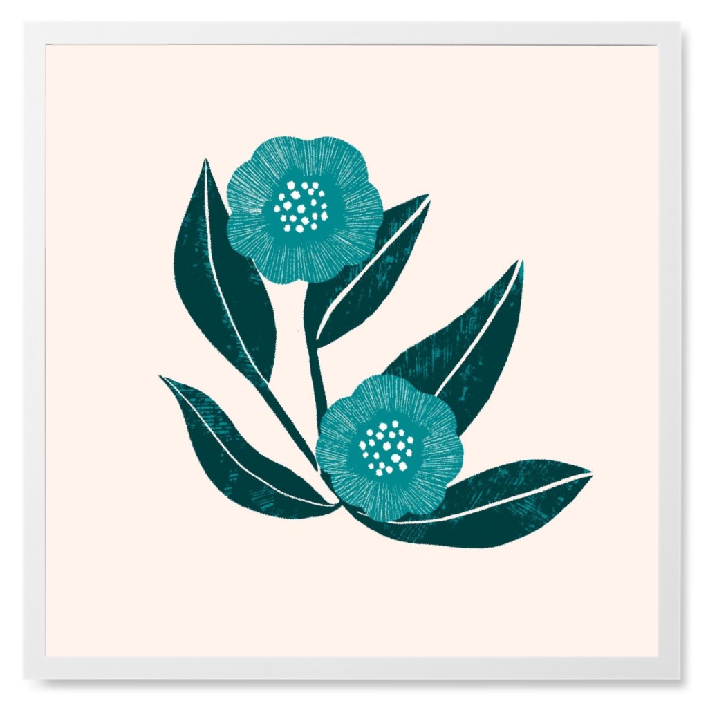 Green and Teal Flowers Photo Tile, White, Framed, 8x8, Blue, True Blue
