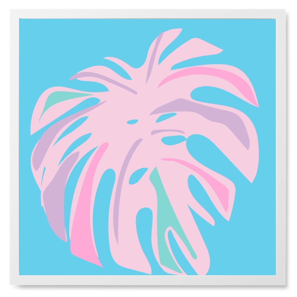 Bold Tropical Leaf - Blue and Pink Photo Tile, White, Framed, 8x8, Blue, True Blue