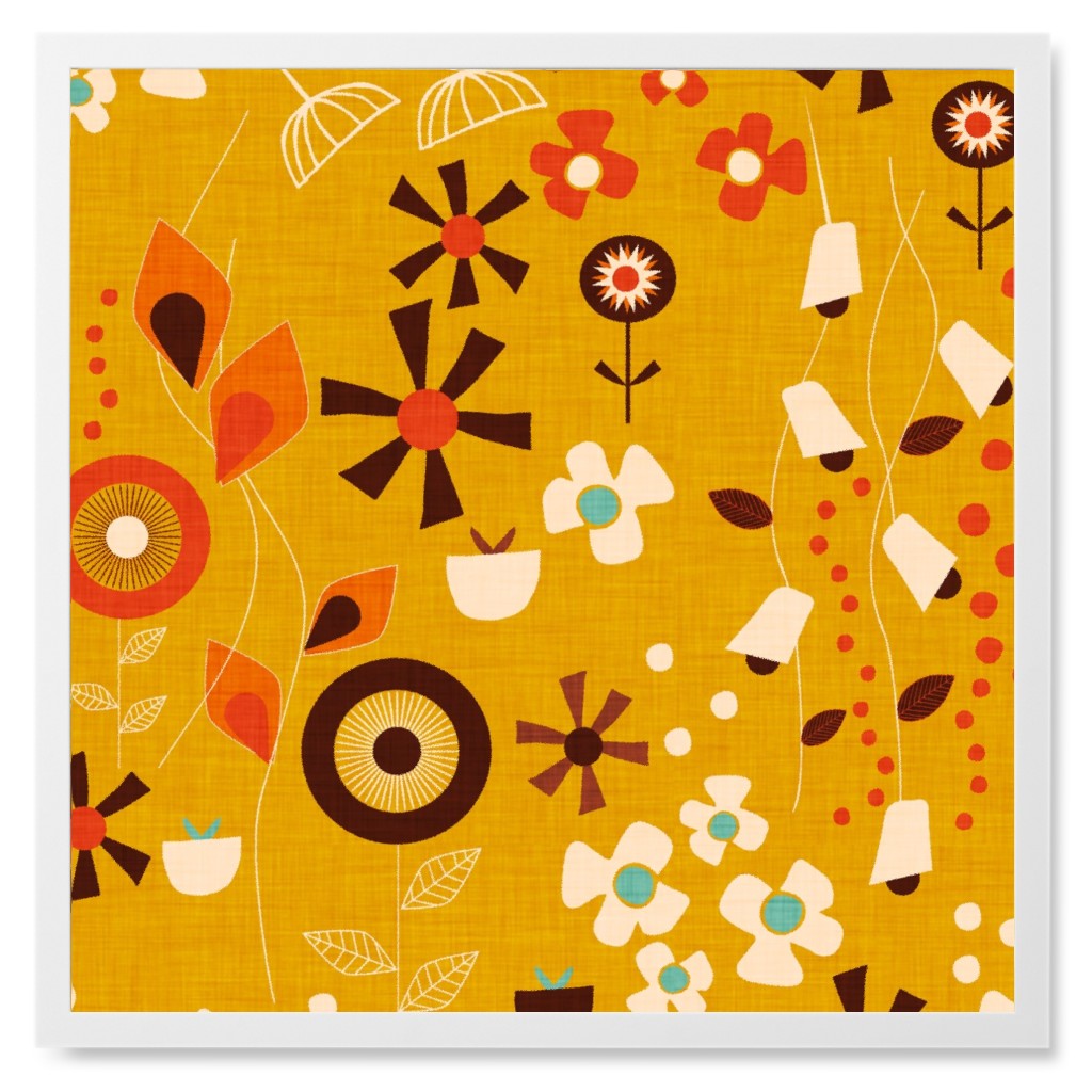Retro Meadow Photo Tile, White, Framed, 8x8, Orange, Amber
