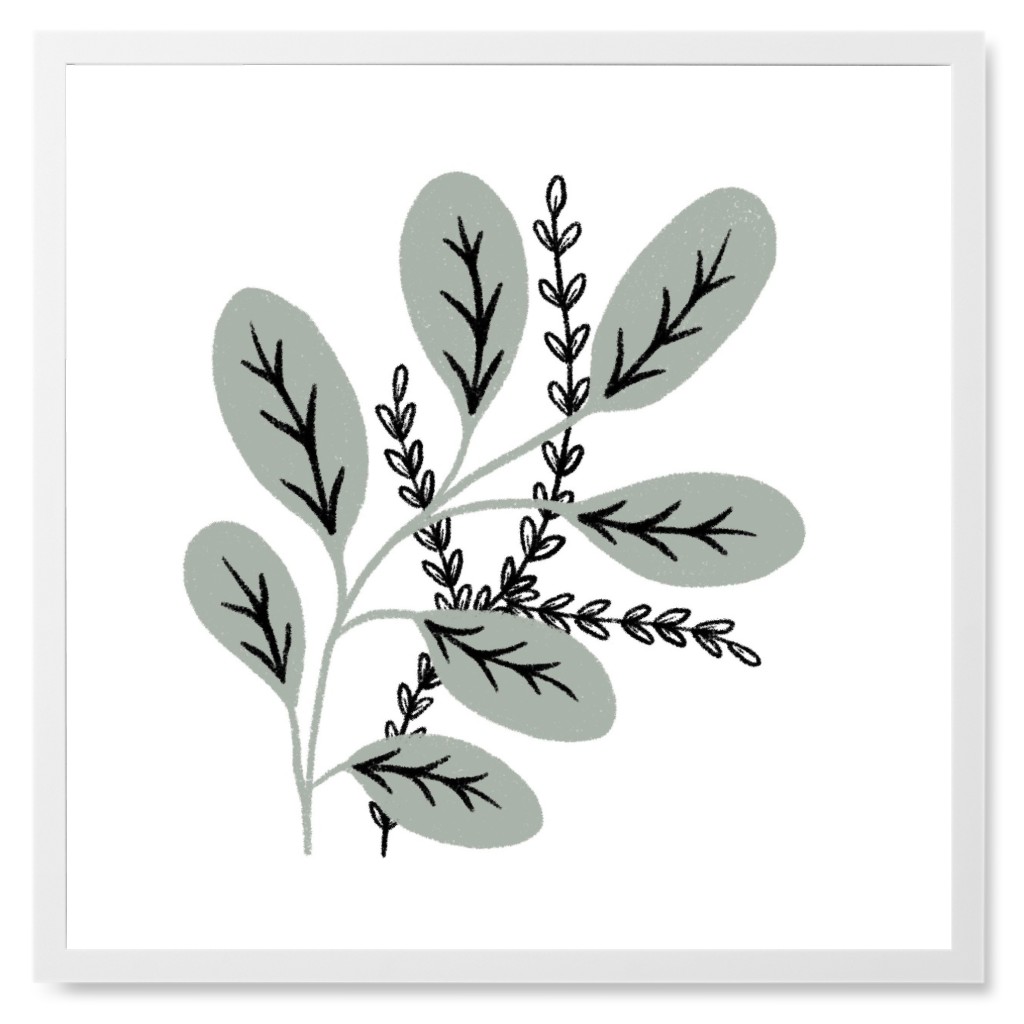 Minimalist Sprig - Gray on White Photo Tile, White, Framed, 8x8, Gray