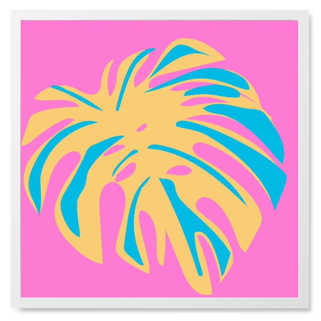 Bold Tropical Leaf - Pink and Yellow Photo Tile, White, Framed, 8x8, Pink, Bright Pink