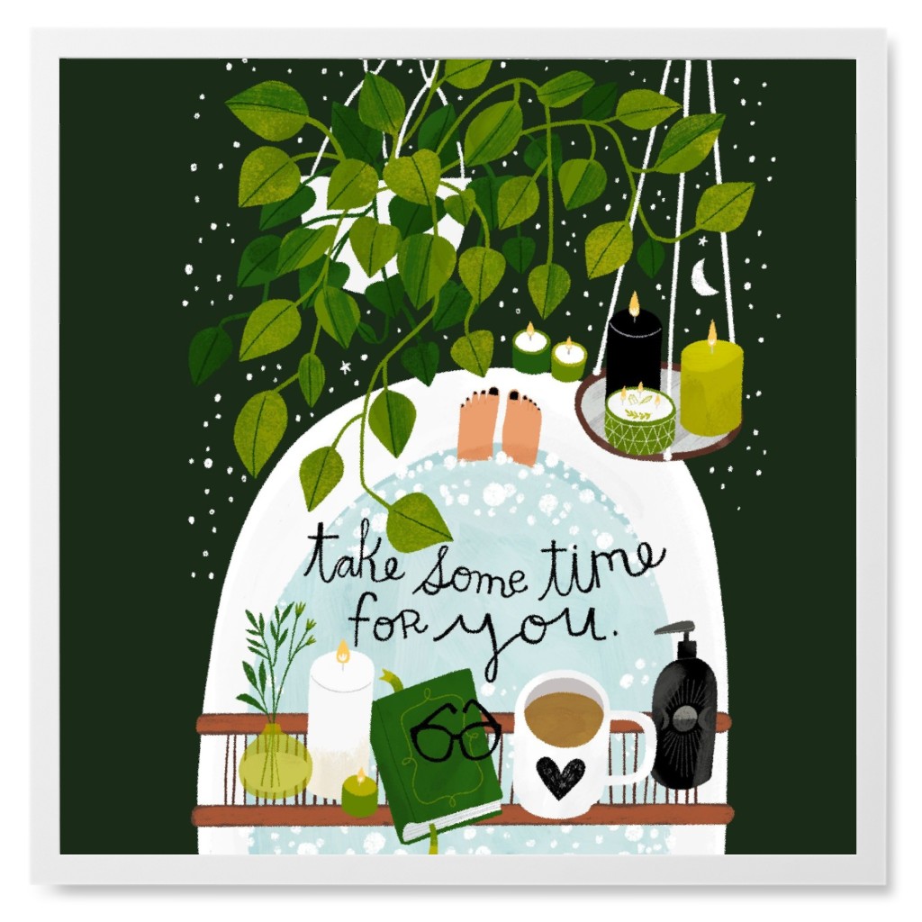 Take Some Time for You - Green on Black Photo Tile, White, Framed, 8x8, Green, Classic Green