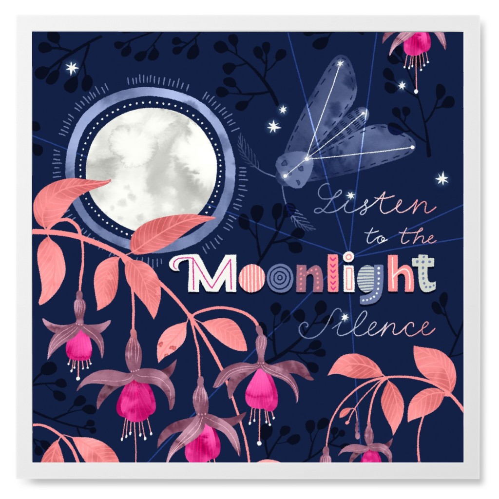 Moonlight Silence Quote - Blue Photo Tile, White, Framed, 8x8, Blue