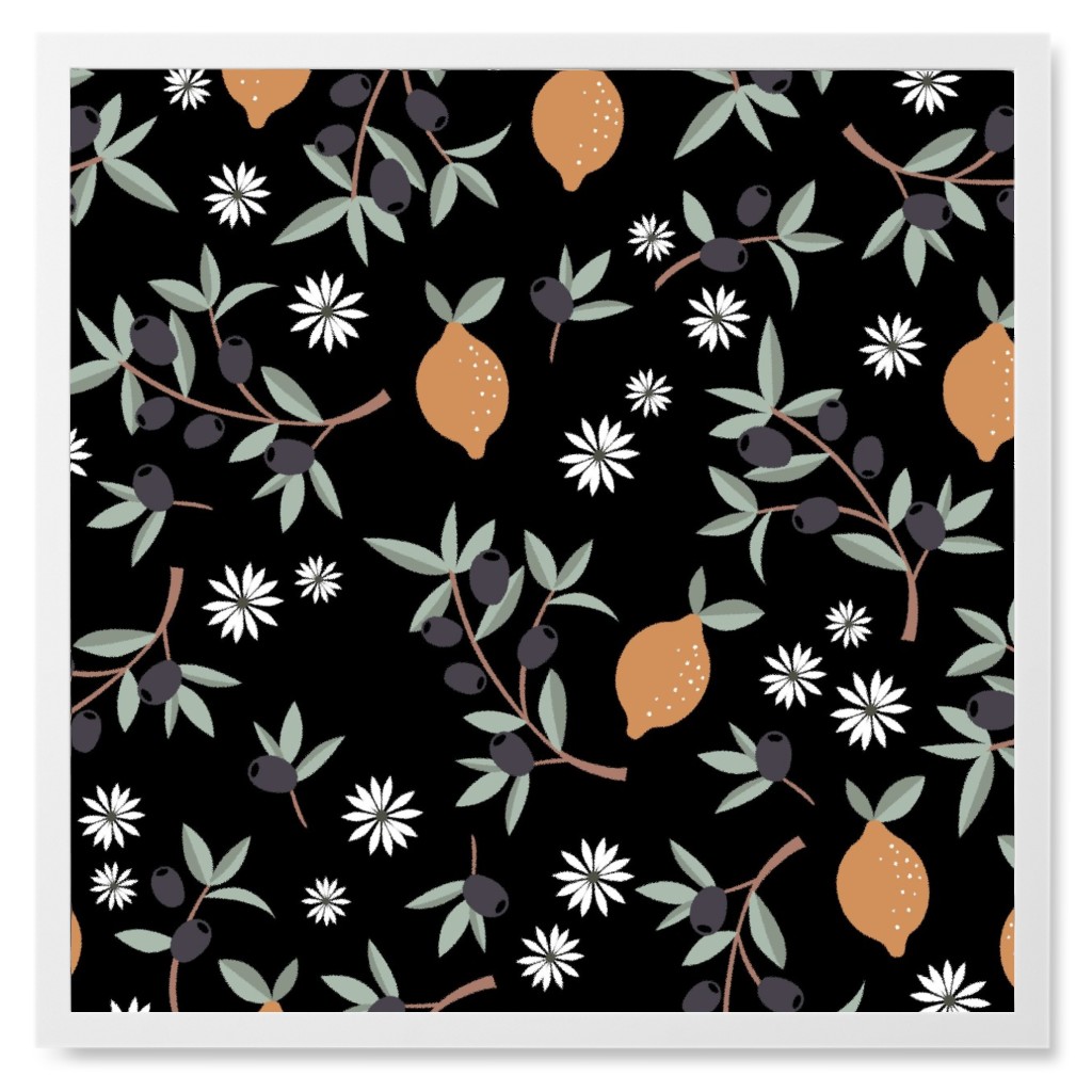Italian Summer Olives and Citrus Garden Photo Tile, White, Framed, 8x8, Orange