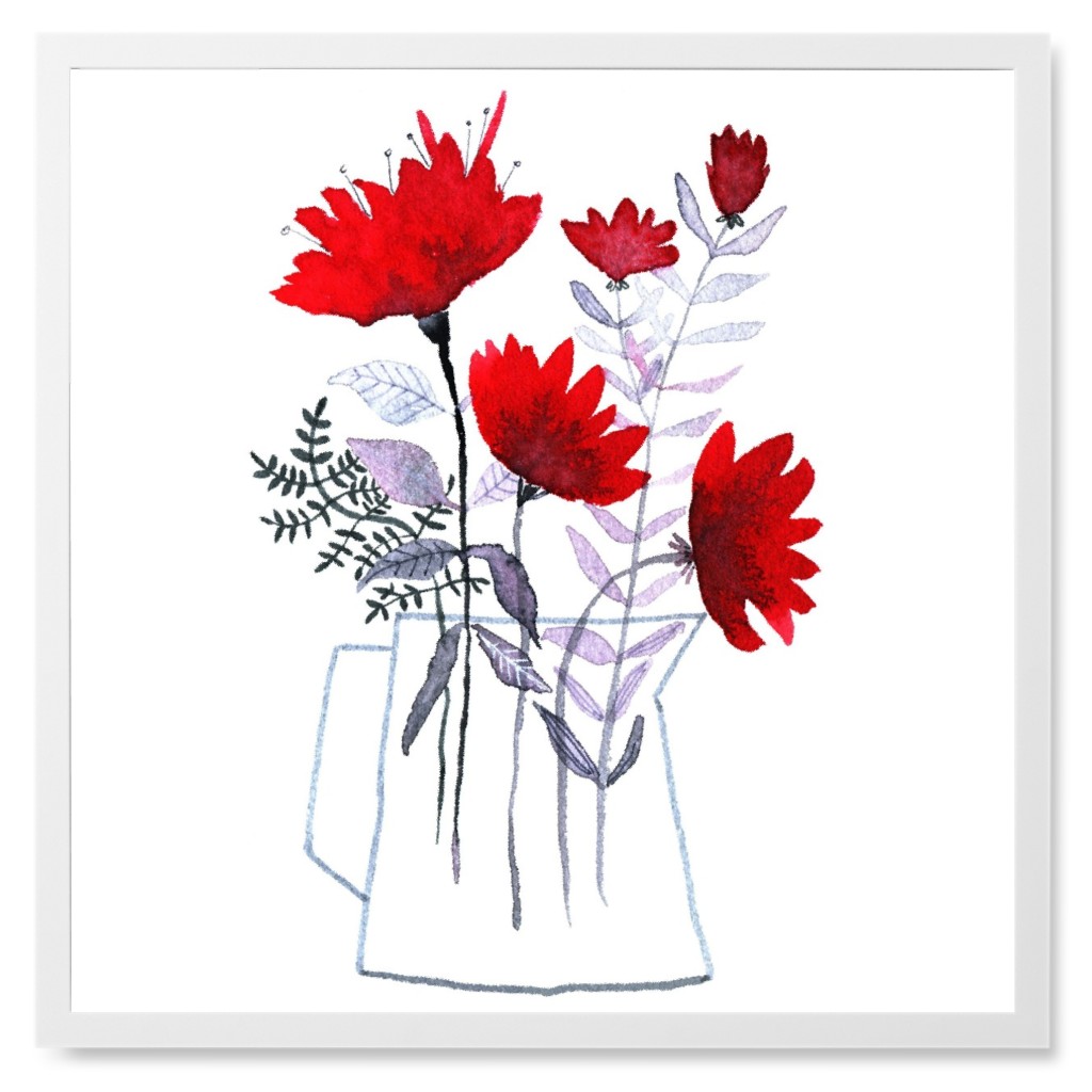 Flowers in Vase - Red and Gray Photo Tile, White, Framed, 8x8, Red, Red