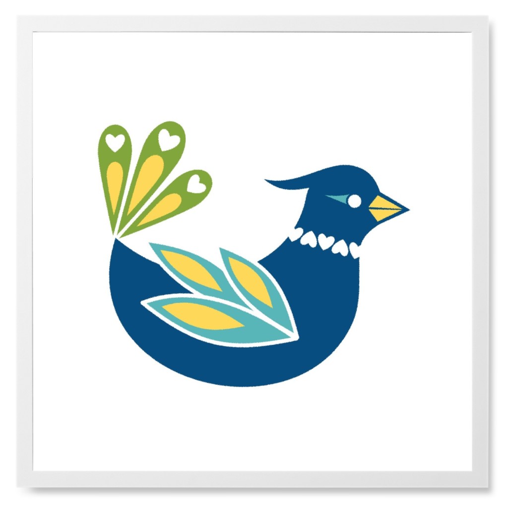 Scandi Flower Bird - Blue Photo Tile, White, Framed, 8x8, Blue, True Blue