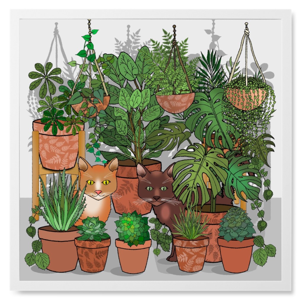 Cats in an Indoor Garden - Green Photo Tile, White, Framed, 8x8, Green, Classic Green